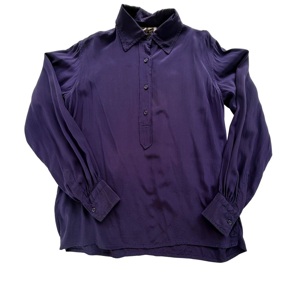 Vintage Valentino Purple 100% Silk Button-Down Blouse Women's Eggplant Size 8